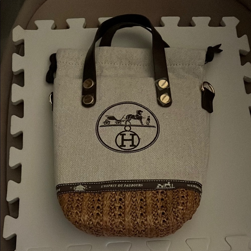 Hermes La Maison Beige Canvas & Brown Straw Mini Tote